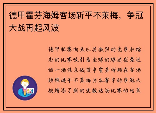 德甲霍芬海姆客场斩平不莱梅，争冠大战再起风波